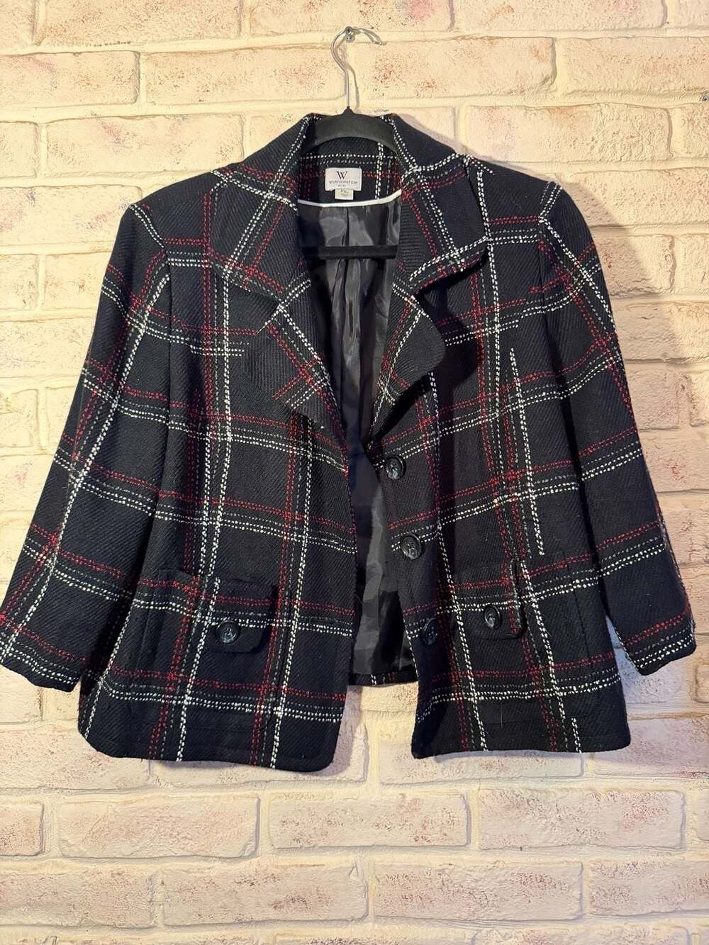 Worthington Petite Black Plaid Tweed Blazer Jacket